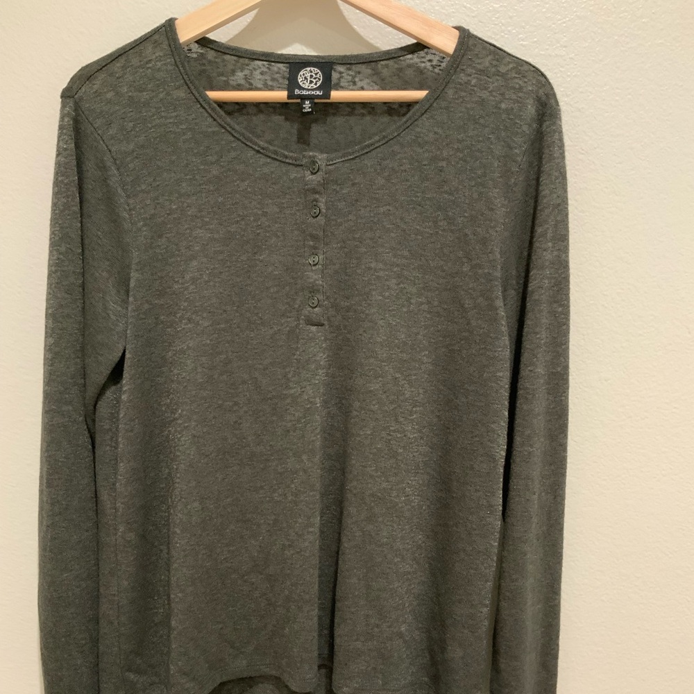 Bobeau Dark Green Henley Button-Up Top